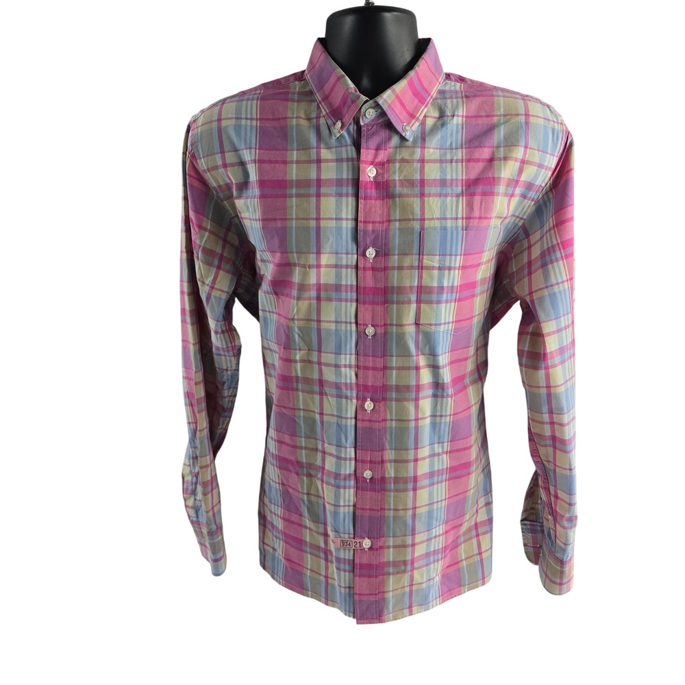 BONOBOS Slim Fit Men's XL Pink Blue Yellow Plaid Button Down Shirt Cotton